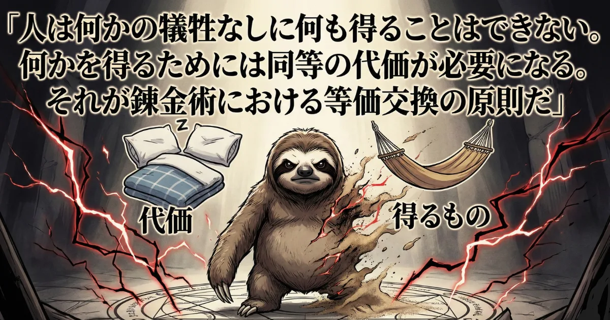 【名言図解】鋼の錬金術師「等価交換の原則」:人は何かの犠牲なしに何も得ることはできない。新しい習慣や未来(得るもの)を手に入れるためには、現在の快楽や時間(代価)を差し出す必要があるという哲学的真理