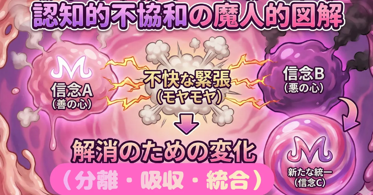 【図解】認知的不協和の魔人的解説:信念A(善の心)と信念B(悪の心)の対立が「不快な緊張(モヤモヤ)」を生むメカニズム。ストレス解消のプロセスとして「分離・吸収・統合」を経て「新たな統一(信念C)」へ至る心理学的変化の図