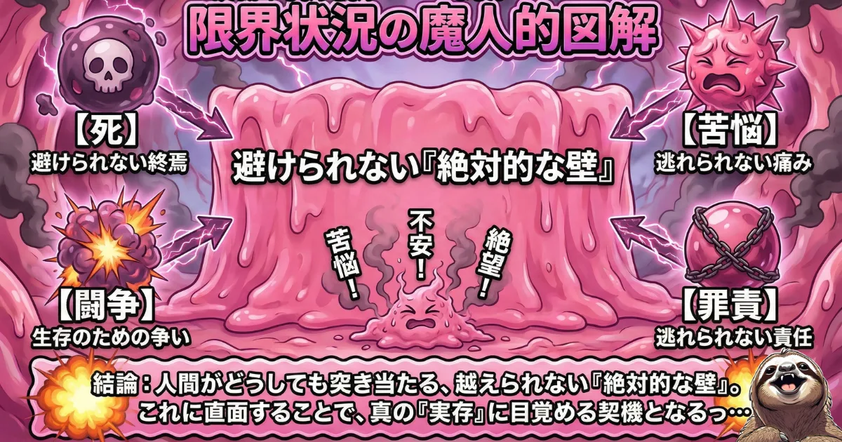【図解】ヤスパースの「限界状況」の解説:人間が避けられない4つの壁「死(終焉)」「苦悩(痛み)」「闘争(争い)」「罪責(責任)」。これら絶対的な壁に直面し絶望することが、真の「実存」に目覚める転機となる哲学的真理