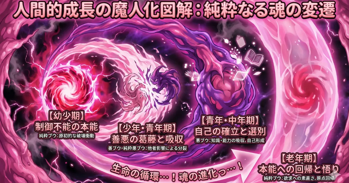 【図解】人間的成長のライフサイクルと魔人ブウの形態変化:1.幼少期(本能・純粋ブウ)、2.青年期(善悪の葛藤・分離)、3.中年期(知識吸収と自己確立・悪ブウ)、4.老年期(悟りと原点回帰・純粋ブウ)へと至る「魂の進化」を描いた心理学チャート