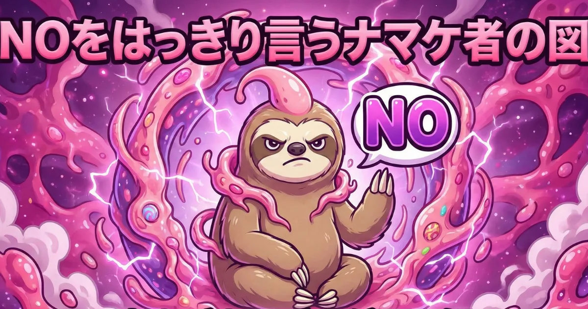 【イラスト】生きづらさを解消する「NOと言う勇気」:他人の期待や同調圧力に対し、はっきりと「NO」と拒絶を示すナマケモノ。自分と他人の間に適切な境界線(バウンダリー)を引き、自分軸で生きるための意思表示