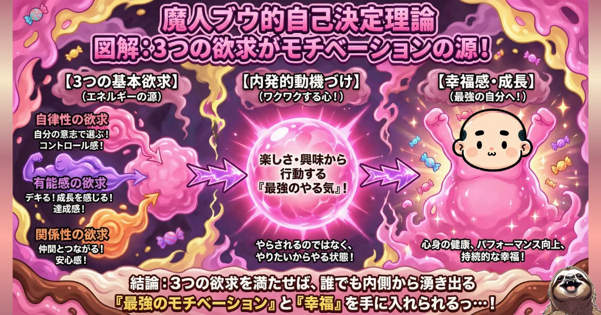 【図解】自己決定理論(デシ&ライアン)と3つの基本欲求:「自律性の欲求(自分で選ぶ)」「有能感的欲求(できる感覚)」「関係性の欲求(つながり)」を満たすことで、内発的動機づけ(ワクワクするやる気)が高まり、幸福感と成長に繋がる心理メカニズム
