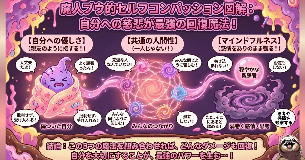 【図解】セルフ・コンパッション(自分への慈悲)の3要素:1.自分への優しさ(自責しない)、2.共通の人間性(孤独感の解消)、3.マインドフルネス(感情の観察)。失敗や苦痛から立ち直り、メンタルを回復させる心理学的アプローチ