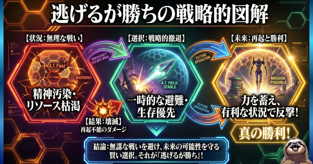 【図解】「逃げるが勝ち」の戦略的メカニズム:1.無理な戦いによる精神汚染(メンタル崩壊の危機)、2.戦略的撤退(生存優先の緊急脱出)、3.再起と勝利(未来の可能性)へのプロセス図。心が壊れる前に逃げることが「真の勝利」に繋がる理由