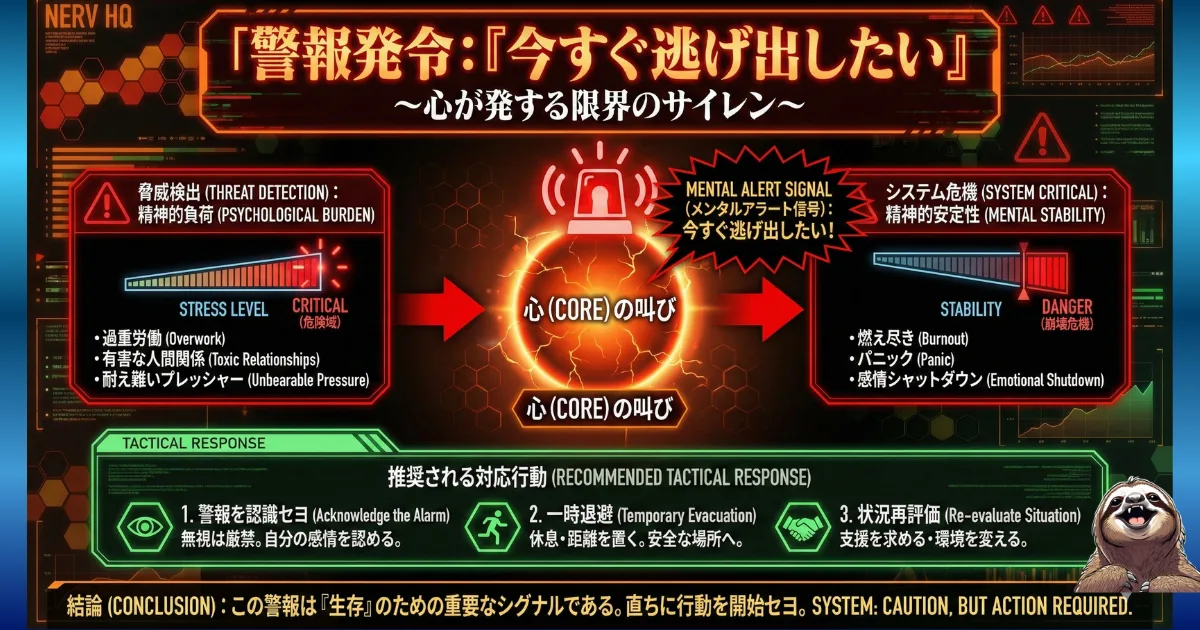 【図解】心の限界サイン「今すぐ逃げ出したい」の警報メカニズム:過重労働や人間関係などの精神的負荷(脅威)により、ストレスレベルが危険域に達した状態。燃え尽きやパニックを防ぐため、直ちに「一時退避」などの対応行動を推奨するエヴァ風チャート