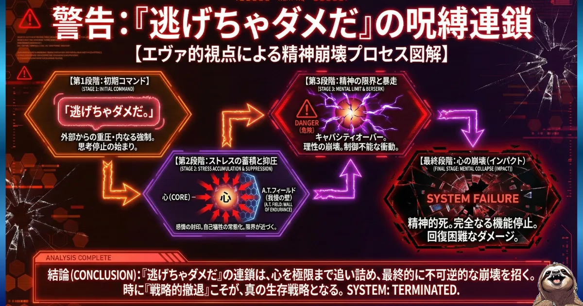 【図解】「逃げちゃダメだ」が招く精神崩壊プロセス:1.初期コマンド(思考停止)、2.ストレスの蓄積と抑圧(感情封印)、3.精神の限界と暴走(キャパシティオーバー)、4.心の崩壊(システムダウン)へと至る危険な連鎖をエヴァ風に解説