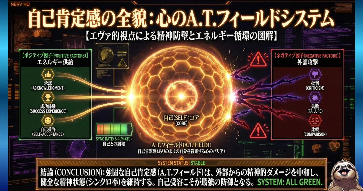 【図解】自己肯定感(心のA.T.フィールド)のメカニズム:承認・成功体験・自己受容をエネルギー源として強力なバリアを展開し、批判・失敗・比較などの「外部攻撃」を中和して心(コア)を守るエヴァ風システム図