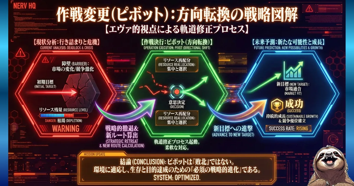 【図解】戦略的撤退としての「ピボット(方向転換)」のプロセス:行き詰まりやリソース枯渇(危機)に対し、作戦を変更して新ルートを算出する軌道修正図。目標を変えることは敗北ではなく、環境に適応し成功するための「戦略的進化」であるという解説