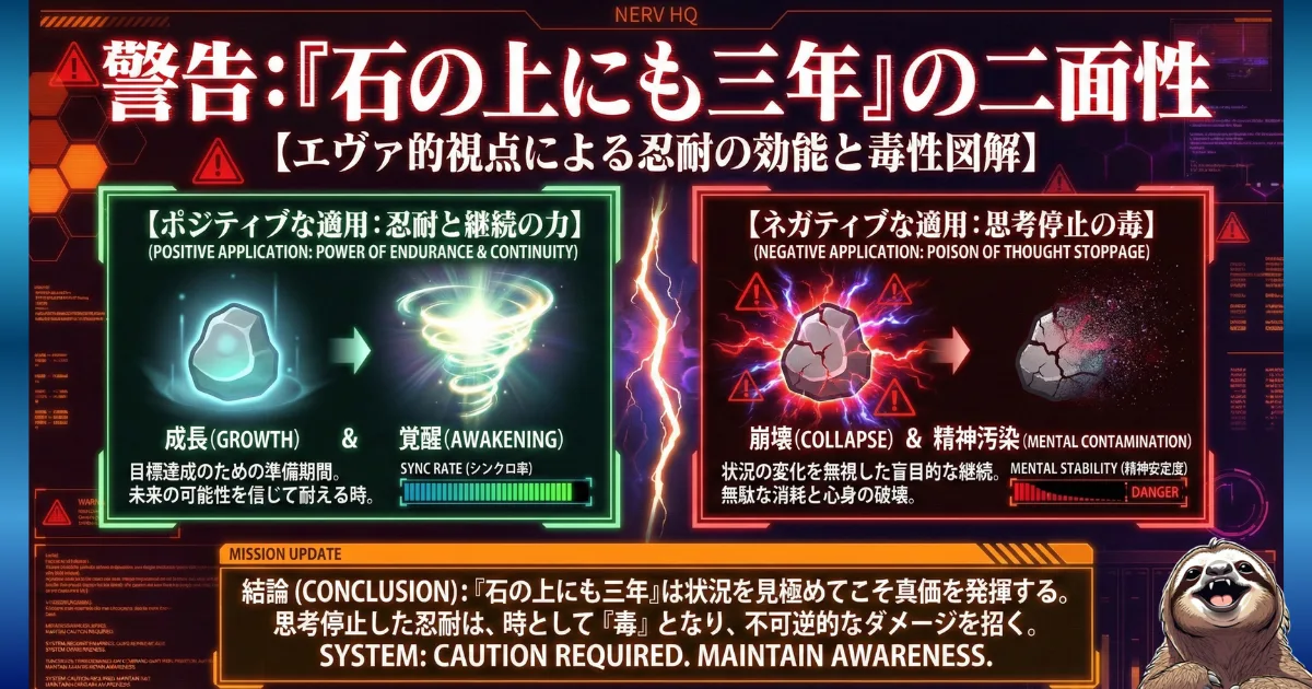 【図解】ことわざ「石の上にも三年」のメリットとデメリット:目的のある忍耐は「成長と覚醒」をもたらすが、思考停止した盲目的な継続は「崩壊と精神汚染」を招くというエヴァ風比較図。状況に応じた見極めの重要性を解説