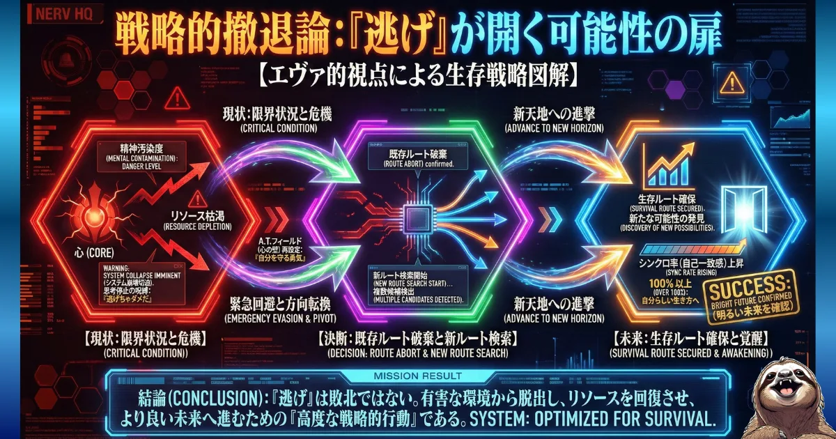 【図解】戦略的撤退論の全貌:「逃げ」とは敗北ではなく、精神汚染やリソース枯渇(限界状況)から脱出し、新ルートを検索して未来の可能性を開く「高度な戦略的行動」であるというエヴァ風解説図