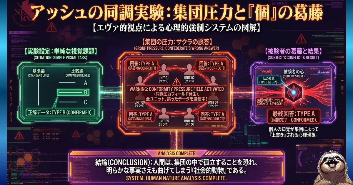【図解】アッシュの同調実験のエヴァ風解説:明らかに正解(TYPE B)が分かる状況でも、集団(サクラ)が誤答(TYPE A)を選ぶと、個人の知覚が歪められ同調してしまう心理現象。「逃げられない」原因となる集団圧力のメカニズム