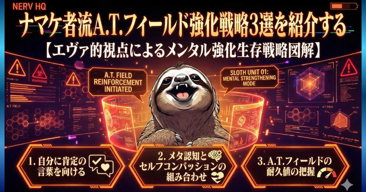 【図解】ナマケ者流A.T.フィールド(メンタル)強化戦略3選:1.自分に肯定の言葉を向ける(自己受容)、2.メタ認知とセルフコンパッションの組み合わせ(客観視と慈悲)、3.A.T.フィールドの耐久値の把握(限界を知る)による生存戦略まとめ