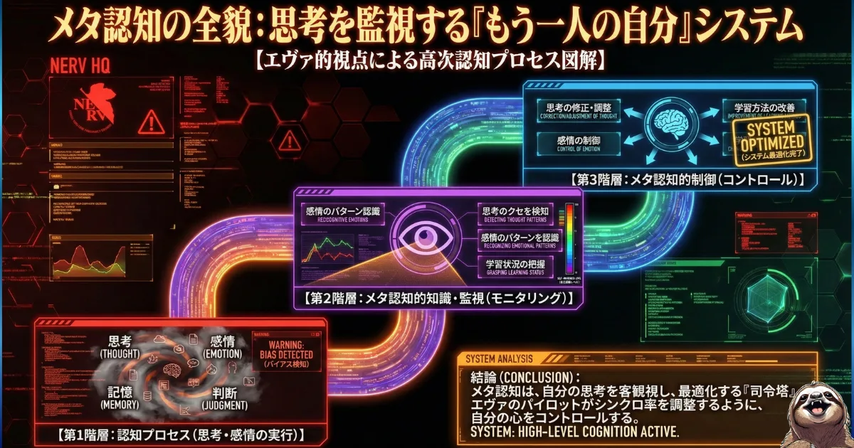 【図解】メタ認知(思考の監視システム)の全貌:1.認知プロセス(思考・感情の実行)、2.メタ認知的監視(モニタリング)、3.メタ認知的制御(コントロール)の3階層モデル。感情に飲み込まれず、客観的に自分を調整する心理テクニック