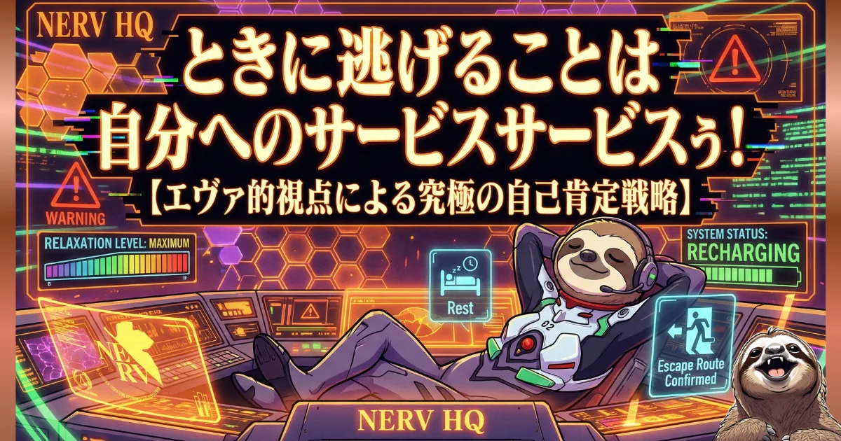 【イラスト】「ときに逃げることは自分へのサービスサービスゥ!」:エヴァの次回予告パロディで、休息(逃げ)は自分自身への最高のご褒美(サービス)であると説くナマケモノ。罪悪感を捨て、リラックスしてエネルギーを充電することの重要性