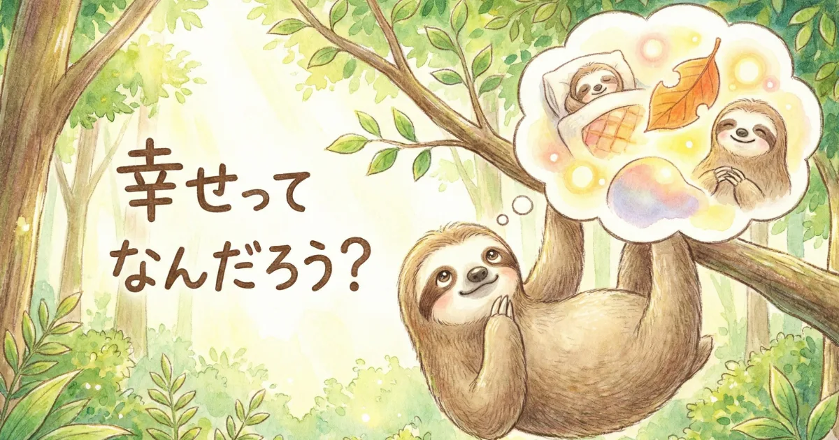 【イラスト】「幸せってなんだろう?」と問いかけるナマケモノ:睡眠や自然などの日常の些細な瞬間に幸せを見出す様子を描いた水彩画風の画像。「幸せに生きられない」と感じる脳のクセを見直し、本当の幸福感を探求する記事の導入図