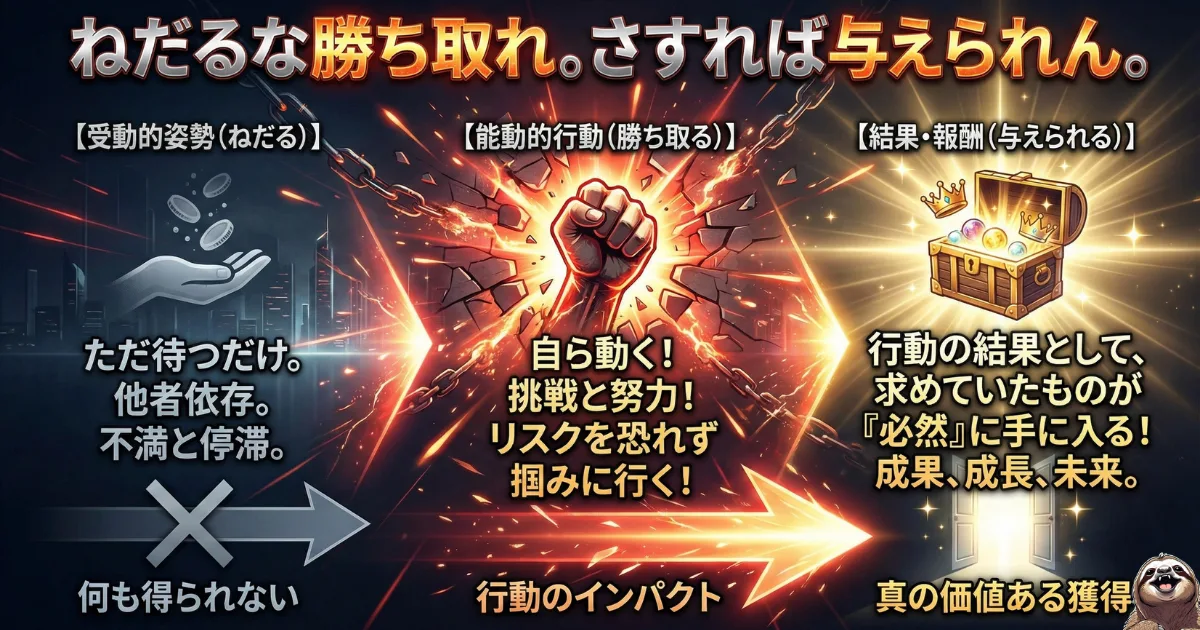 【図解】「ねだるな、勝ち取れ。さすれば与えられん。」の意味:幸福は他者にねだる(受動)ものではなく、自らの行動で勝ち取る(能動)ことで必然的に与えられるという心理学的マインドセット。主体性を取り戻し、人生を変えるための教訓