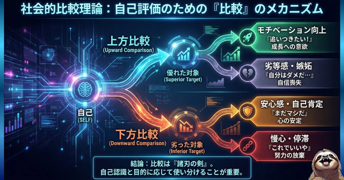 【図解】社会的比較理論のメカニズム:自分を他者と比べる心理には「上方比較(目標・劣等感)」と「下方比較(安心・慢心)」があり、それぞれにメリットとデメリットが存在するという解説図。自己評価のために比較を使い分ける重要性