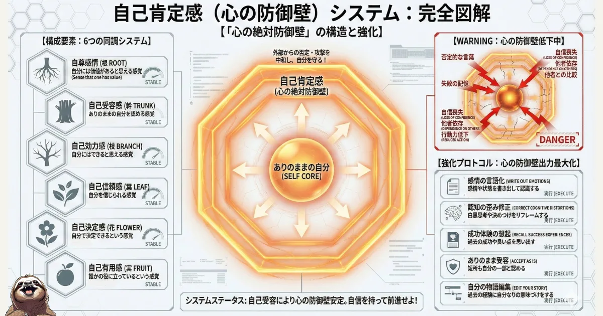 【図解】自己肯定感(心の防御壁)の完全構造:自尊感情(根)、自己受容感(幹)、自己効力感(枝)、自己信頼感(葉)、自己決定感(花)、自己有用感(実)の6要素と、それぞれの育て方を解説したシステム図