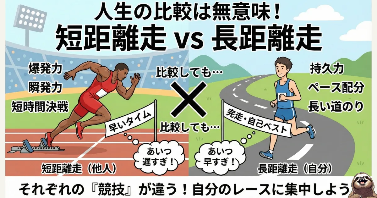 【図解】人生の比較は無意味である理由:他人(短距離走・瞬発力)と自分(長距離走・持久力)では、そもそも参加している「競技」が違うことを示すイラスト。他者とのスピード比較をやめ、自分のレース(完走・自己ベスト)に集中する重要性