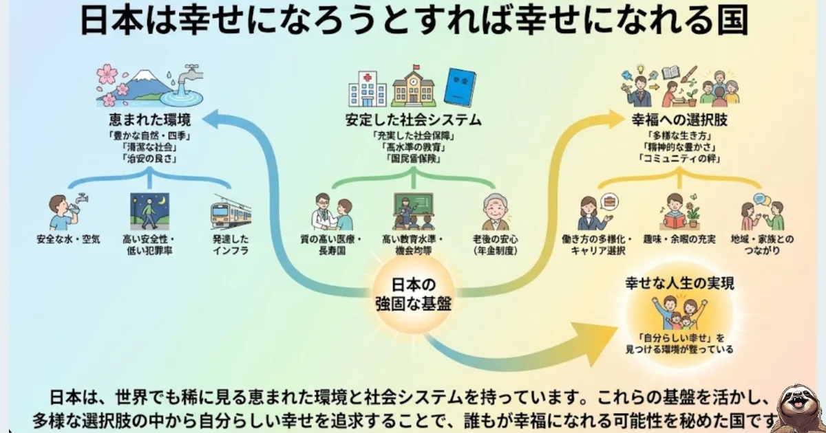 【図解】「日本は幸せになろうとすれば幸せになれる国」の根拠:世界有数の恵まれた環境(治安・自然)、安定した社会システム(医療・教育)、多様な選択肢という「強固な基盤」を可視化したイラスト。経済以外の豊かさの再評価