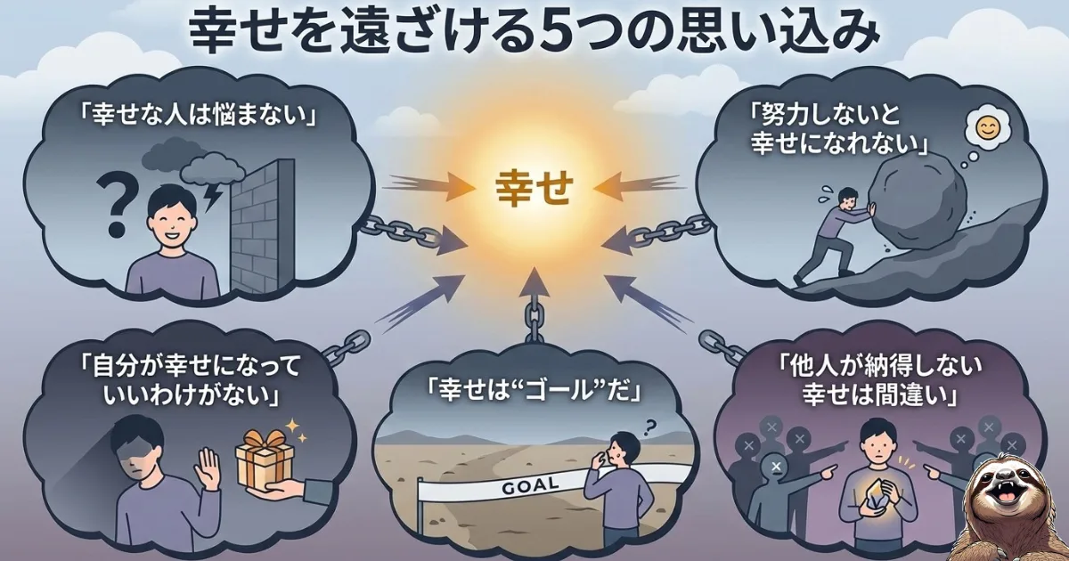【図解】幸せを遠ざける5つの思い込み一覧:「幸せな人は悩まない」「努力しないと幸せになれない」「自分が幸せになっていいわけがない」「幸せは“ゴール”だ」「他人が納得しない幸せは間違い」という、幸福感を阻害する脳のクセ(認知の歪み)を解説したイラスト