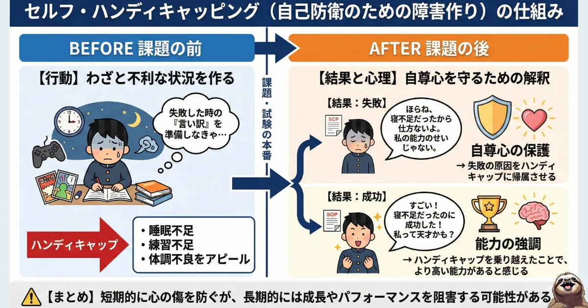 【図解】セルフ・ハンディキャッピングの仕組み:課題の前にわざと寝不足などの障害を作り、失敗した時は「言い訳(自尊心の保護)」にし、成功した時は「能力の強調」にする心理操作。短期的には心を守るが、長期的には成長を阻害するリスクがある