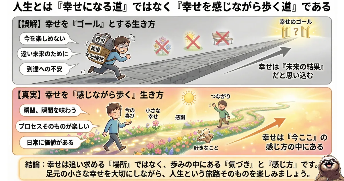 【図解】人生とは「幸せになる道」ではなく「幸せを感じながら歩く道」である:未来のゴール(結果)ばかり見て今を犠牲にする生き方(誤解)と、瞬間瞬間のプロセスや小さな幸せを味わう生き方(真実)を対比した幸福論の結論