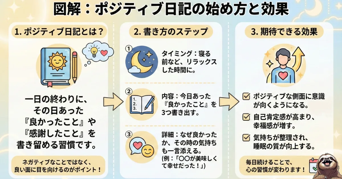 【図解】ポジティブ日記(スリーグッドシングス)の始め方と効果:寝る前に「今日あった良かったこと」を3つ書き出すだけの心理学メソッド。ポジティブ思考への矯正、自己肯定感の向上、睡眠の質の改善などのメリットを解説