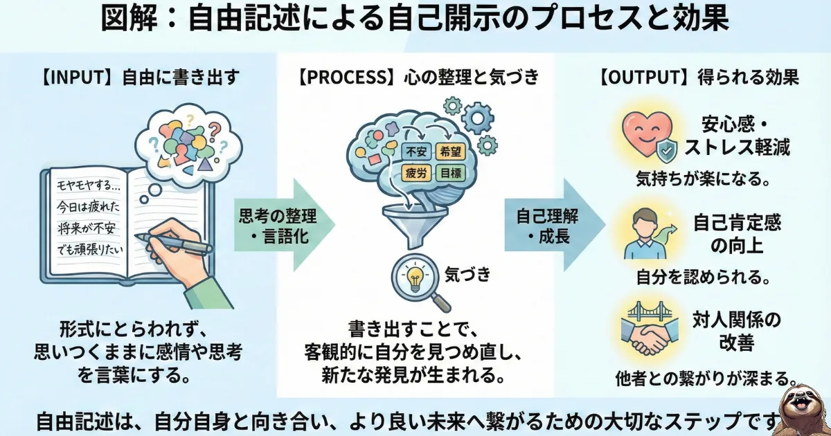 【図解】自由記述(エクスプレッシブ・ライティング)のプロセスと効果:不安や感情をありのままに書き出す(INPUT)ことで、脳内の思考が整理・言語化され(PROCESS)、ストレス軽減や自己肯定感の向上、人間関係の改善(OUTPUT)に繋がる心理療法