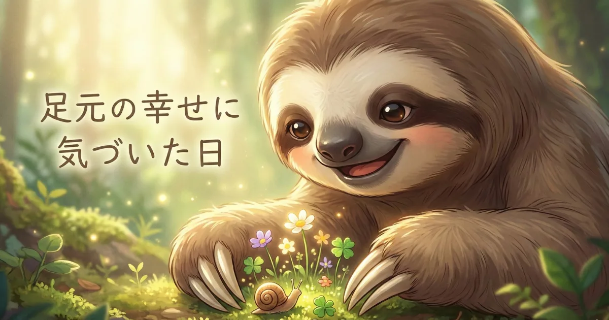 【イラスト】「足元の幸せに気づいた日」:森の中で小さな花やカタツムリを優しい表情で見つめるナマケモノ。マインドフルネスの実践により、日常の些細な風景の中に幸福を見出した瞬間を描いた、心温まる癒やしの画像