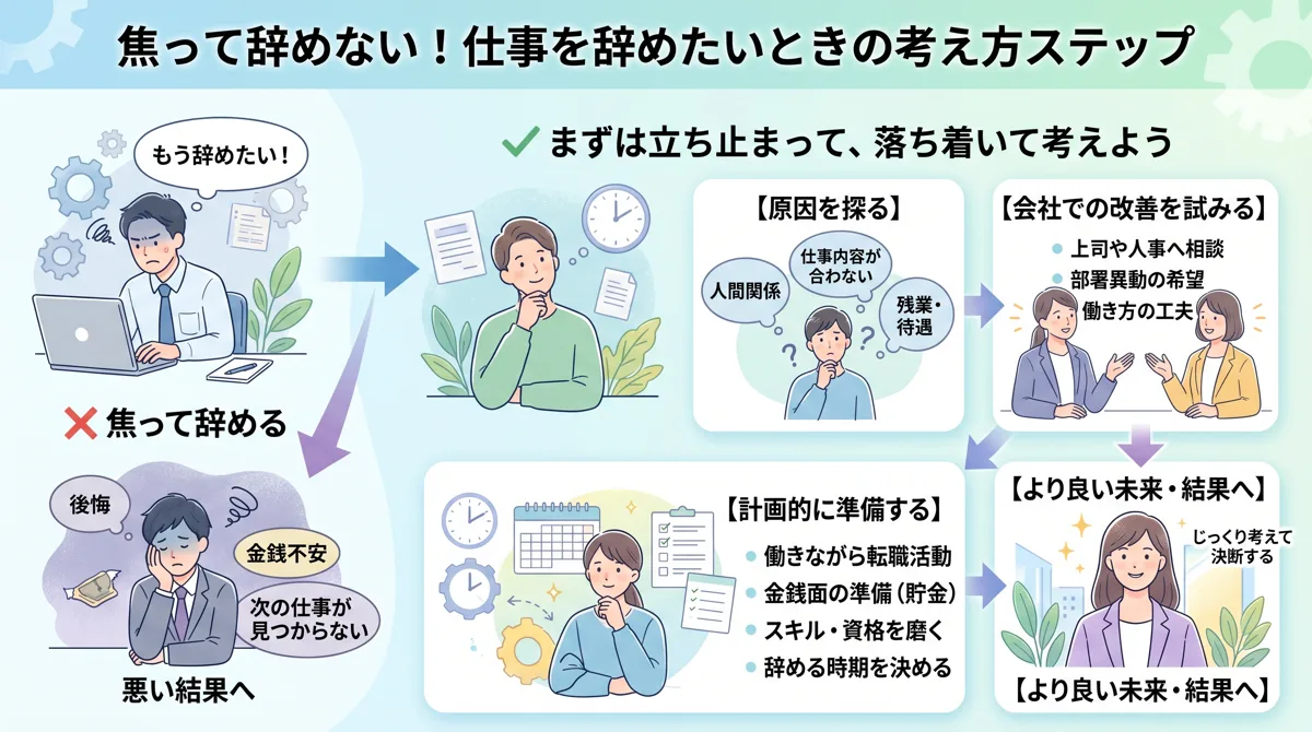 【図解】退職の決断は「冷静な時」に行う：焦りや不安で脳内が嵐のような状態（急いで決める）ではなく、リラックスして心に余裕がある状態（冷静な時）で人生の天秤にかけるべきという教訓。仕事を辞める判断ミスの回避法