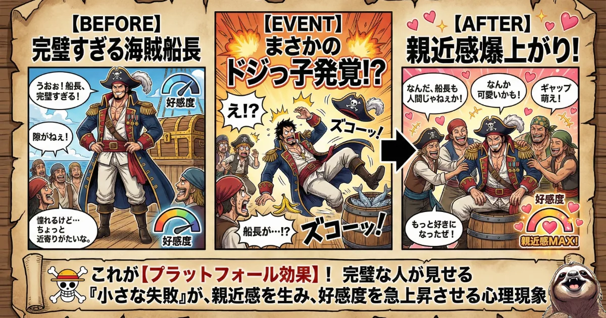 【図解】プラットフォール効果(しくじり効果)の心理学メカニズム:完璧に見えるリーダーがあえて「ドジ(小さな失敗)」を見せることで、親近感が生まれ好感度が急上昇する現象。欠点をさらけ出すことがチームの結束を強める理由