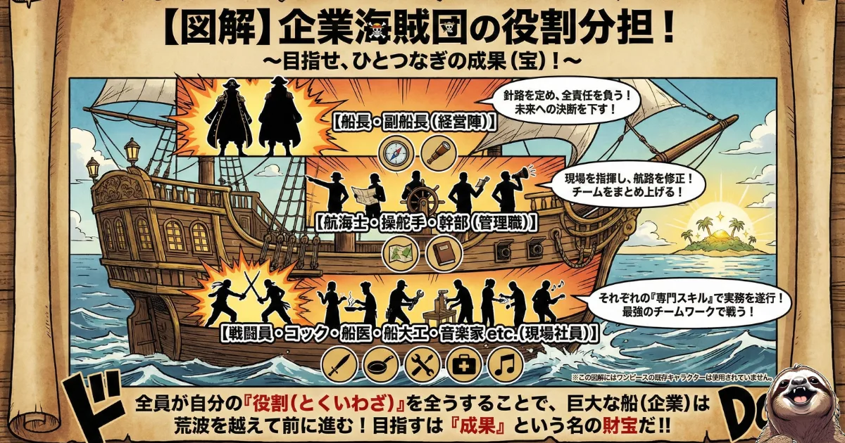【図解】企業海賊団の役割分担とチームワーク:会社組織を海賊船に例えた階層構造図。経営陣(船長)が決断し、管理職(航海士)が指揮し、現場社員(コック・戦闘員など)が専門スキルで実務を遂行する「適材適所」の仕組み