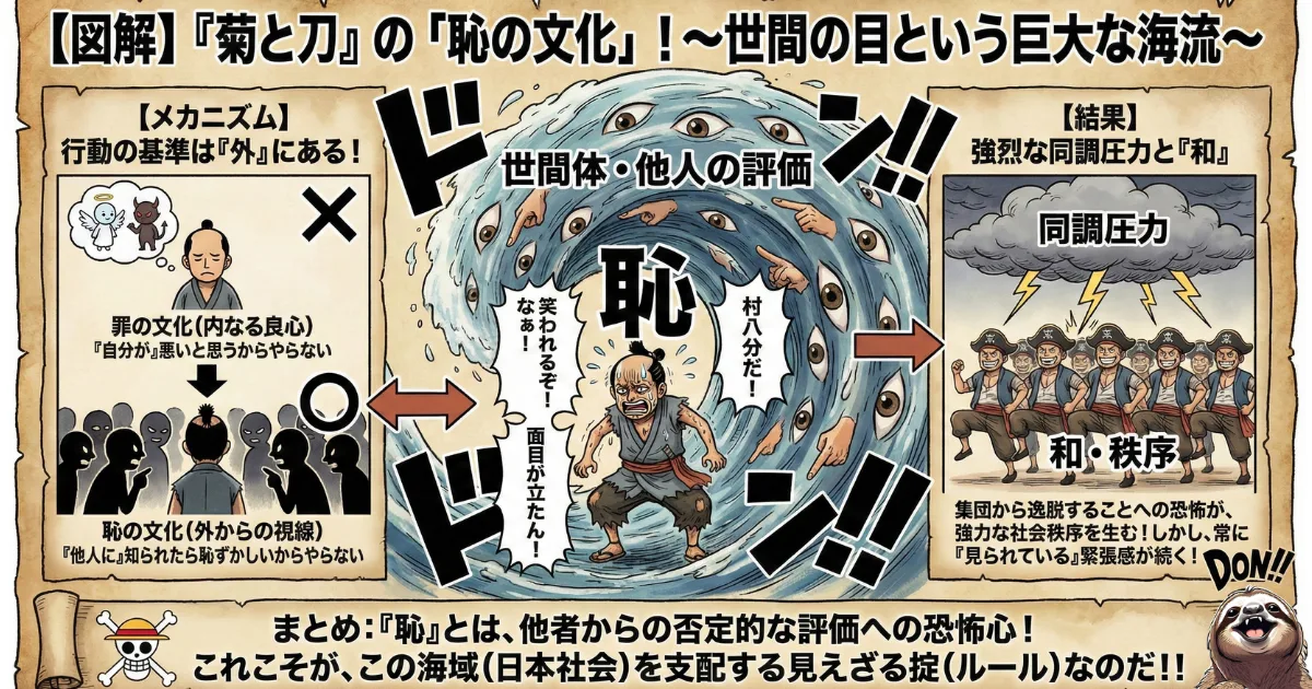 【図解】『菊と刀』の「恥の文化」と日本社会の同調圧力:行動基準が「内なる良心(罪の文化)」ではなく「外からの視線(世間体)」にあるため、他人に頼ることや失敗を「恥」として極度に恐れる日本人の心理メカニズム