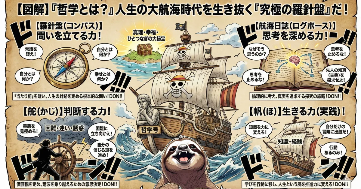 【図解】「哲学とは?」人生の大航海時代を生き抜く究極の羅針盤:1.問いを立てる力(羅針盤)、2.思考を深める力(航海日誌)、3.善悪を判断する力(舵)、4.知識を行動に変える生きる力(帆)の4要素を、海賊船の構造になぞらえて解説