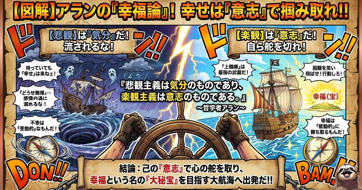 【図解】アラン『幸福論』の核心「悲観は気分、楽観は意志」:幸福は待っていても来ない(受動的)が、自らの意志で心の舵を取ることで掴み取れる(能動的)という哲学。ネガティブな感情の渦に流されず、困難を笑い飛ばすための生存戦略
