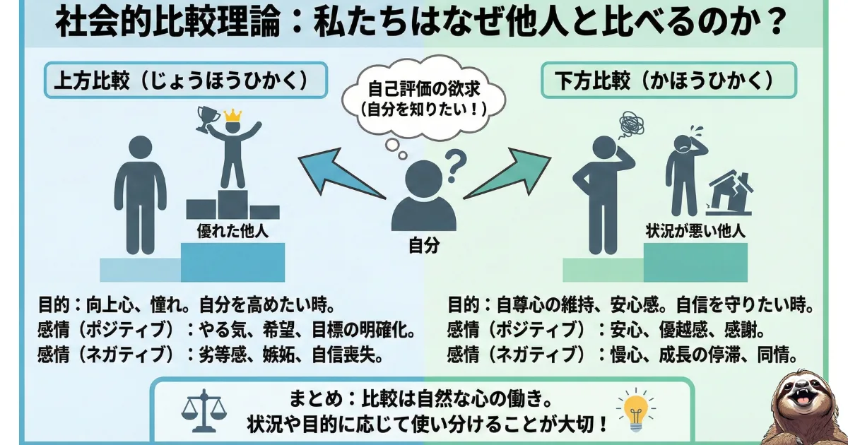 【図解】社会的比較理論(フェスティンガー)のメカニズム:自分を他人と比べる心理には、格上の相手を見て向上心を持つ「上方比較」と、格下の相手を見て安心感を得る「下方比較」があるという解説。SNS疲れや劣等感を成長に変えるための心理学