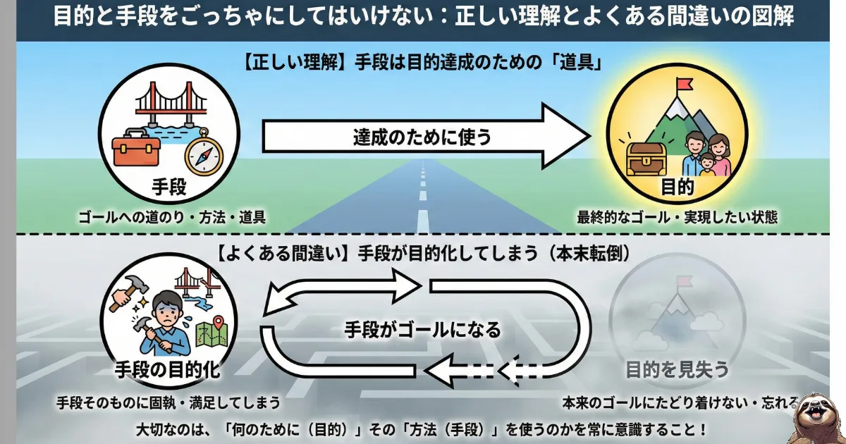 【図解】「目的と手段」の違いと「手段の目的化」の罠:手段(道具・方法)はゴール達成のために使うものであり、それ自体が目的になってしまうと本末転倒(無限ループ)に陥るという解説。SNSでの比較や承認欲求がゴールになってしまう心理の構造