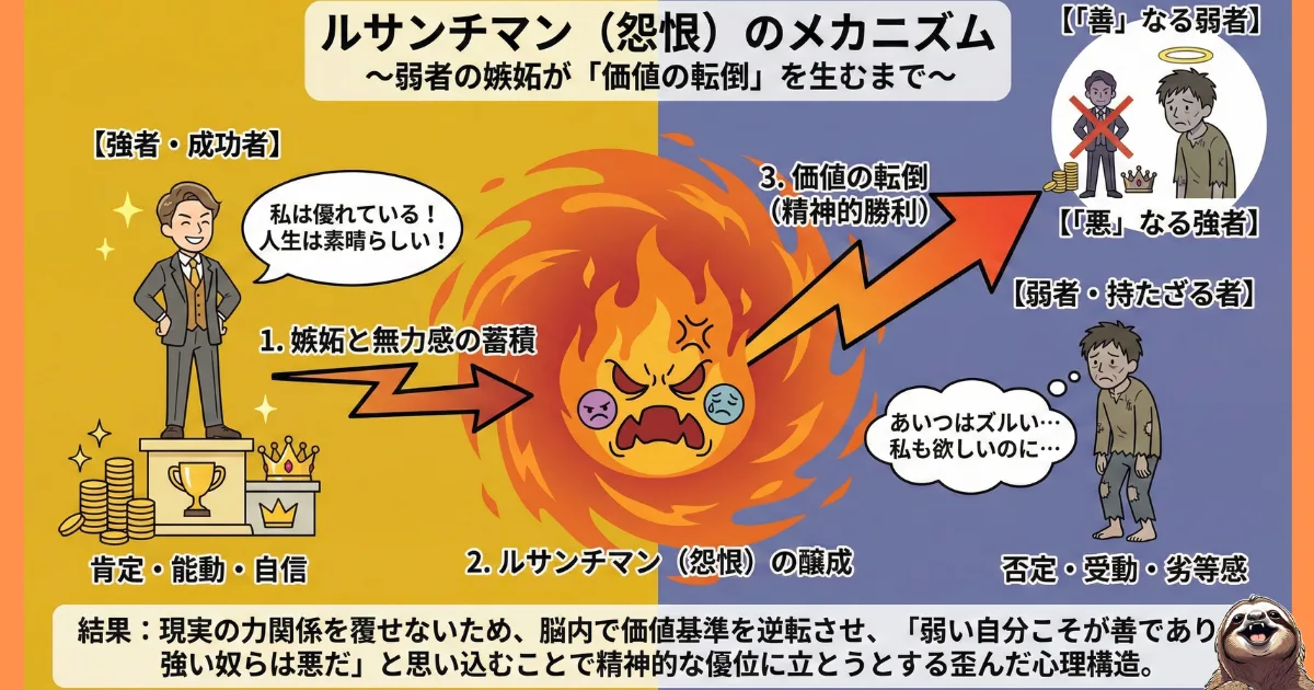 【図解】ルサンチマン(怨恨)のメカニズムと「価値の転倒」:ニーチェ哲学における、弱者が強者に対して抱く嫉妬の処理プロセス。現実の力関係を覆せないため、脳内で「弱い自分こそが善」「強い奴らは悪」と価値基準を逆転させ、精神的勝利を得ようとする歪んだ心理構造