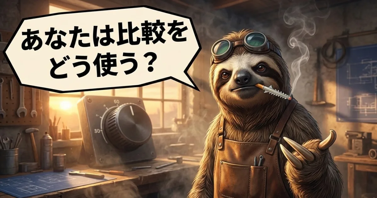 【イラスト】「あなたは比較をどう使う?」と問いかける職人風のナマケ者:他人との比較を「落ち込む原因」にするか、自分の人生を調整するための「便利な道具(ツール)」として使うか。SNS疲れを克服し、主体的に生きるための最終的な問い
