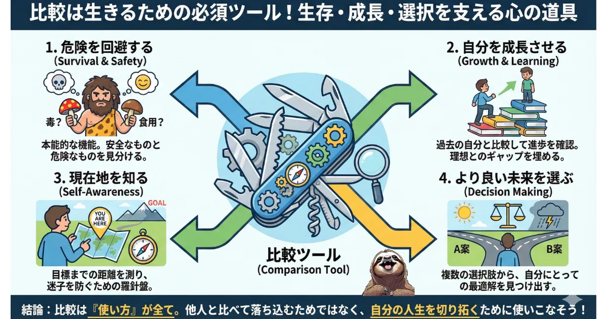 【図解】比較は生きるための必須ツール:比較癖を直すのではなく、1.危険回避、2.自己成長、3.現在地把握、4.未来選択という4つの機能を持つ「心の道具」として正しく使いこなすための心理学解説。SNS疲れを解消し、人生を切り拓くためのマインドセット