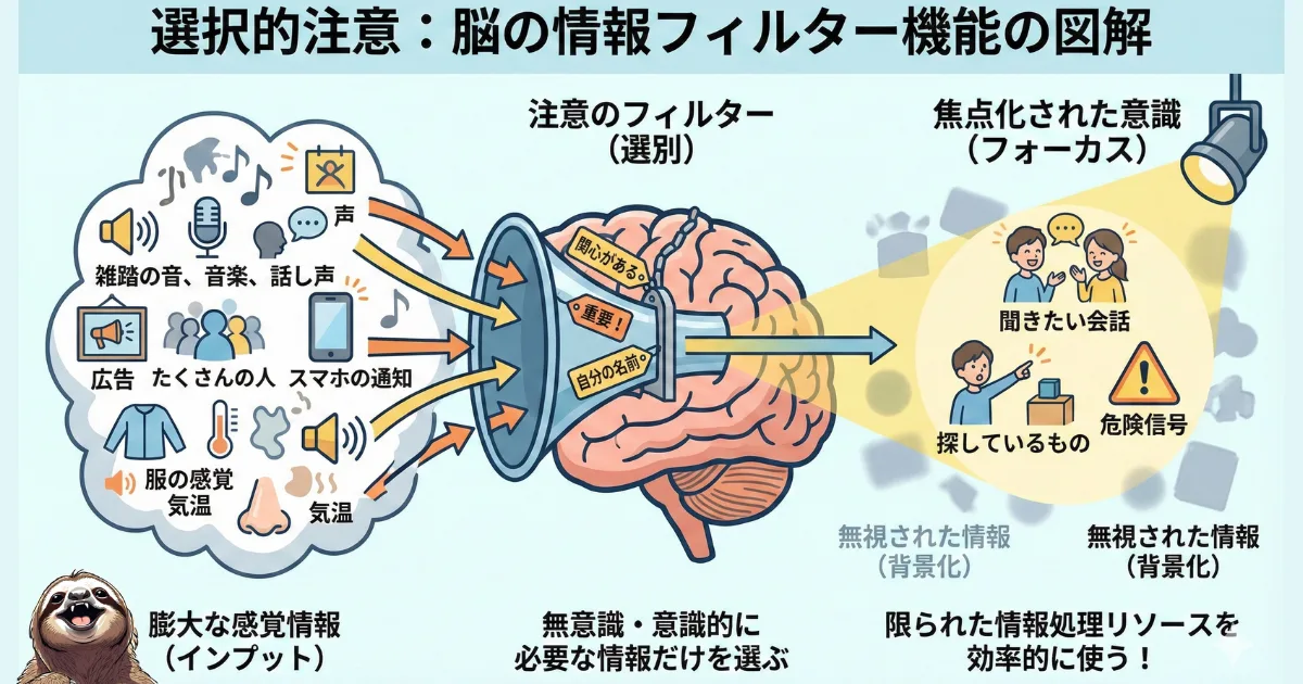 【図解】選択的注意(脳の情報フィルター機能)のメカニズム:膨大な感覚情報(インプット)の中から、「関心がある・重要・自分の名前」など特定の情報だけを選別し、意識を焦点化する心理学的な仕組み。SNSで他人の成功ばかりが目につく理由を解説