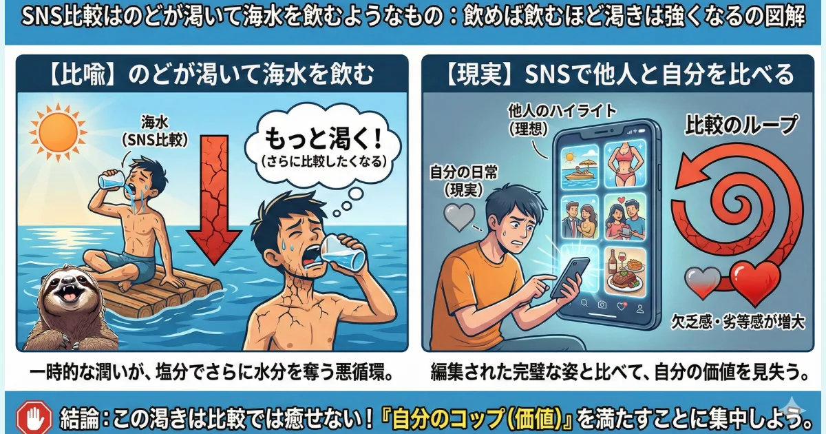【図解】SNS比較は「のどが渇いて海水を飲む」ようなもの:飲めば飲むほど渇き(承認欲求や劣等感)が強くなる悪循環のメカニズム。他人のハイライトと自分の日常を比較しても心は満たされず、欠乏感だけが増大するという心理的警告