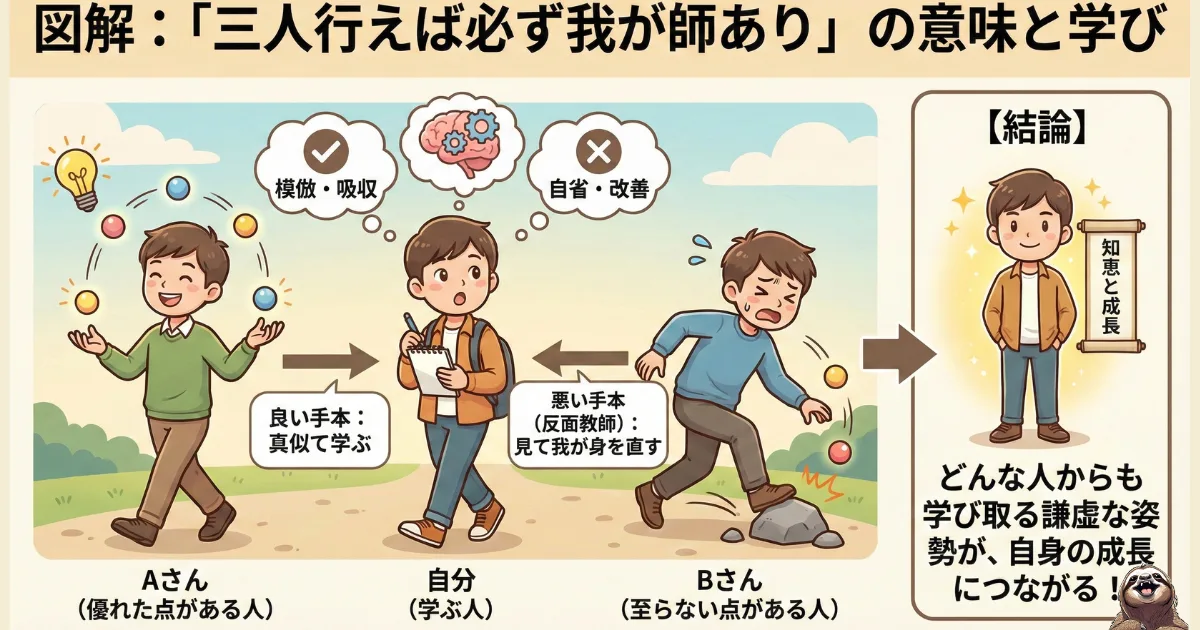【図解】孔子の格言「三人行えば必ず我が師あり」の意味と学び:優れた人からは「模倣・吸収」し、至らない人からは「自省・改善(反面教師)」するという、他人との比較を全て自己成長に繋げるための思考法。論語に学ぶ最強の処世術