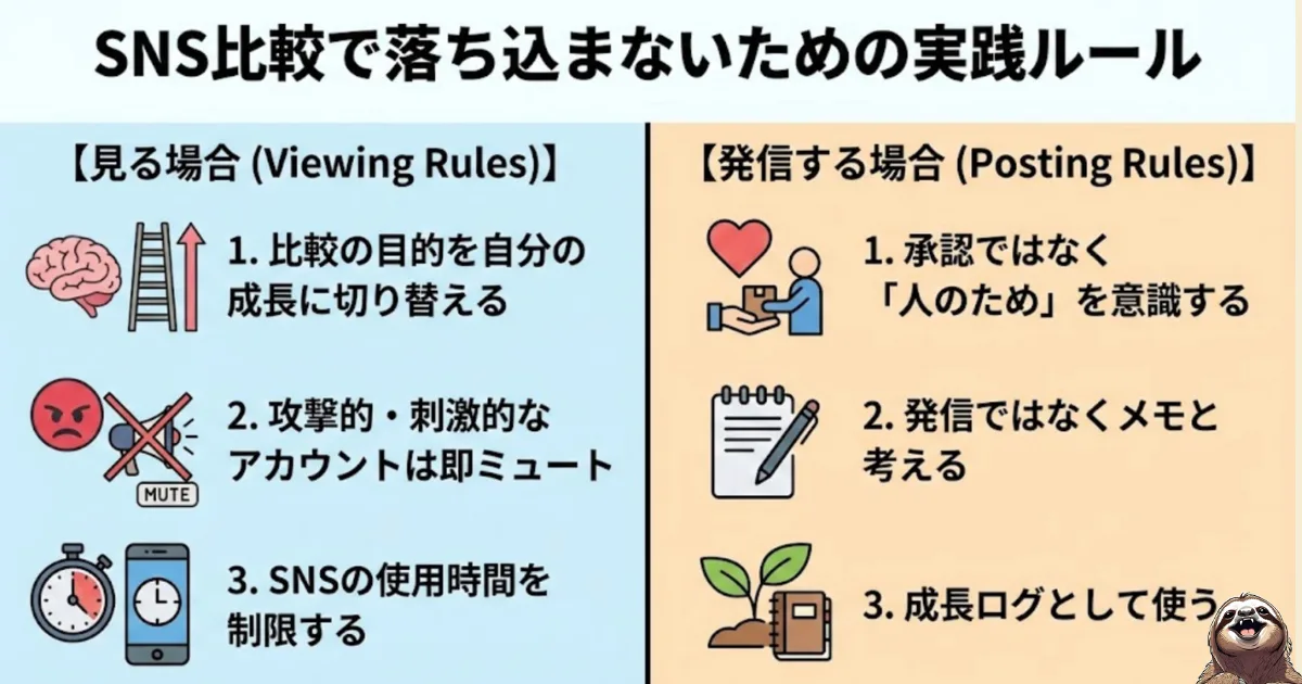 【図解】SNS比較で落ち込まないための実践ルール:見る時は「目的の切り替え・ミュート活用・時間制限」、発信する時は「他者貢献・メモ感覚・成長ログ」を意識するという、SNS疲れを防ぎメンタルを守るための6つの具体的行動指針