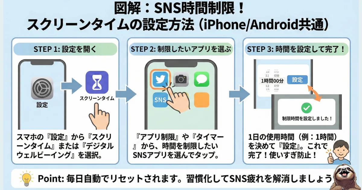 【図解】SNS時間制限の設定方法(iPhone/Android共通):1.設定から「スクリーンタイム」または「デジタルウェルビーイング」を選択、2.制限したいSNSアプリを選ぶ、3.1日の使用時間を設定して完了するまでの3ステップ手順解説