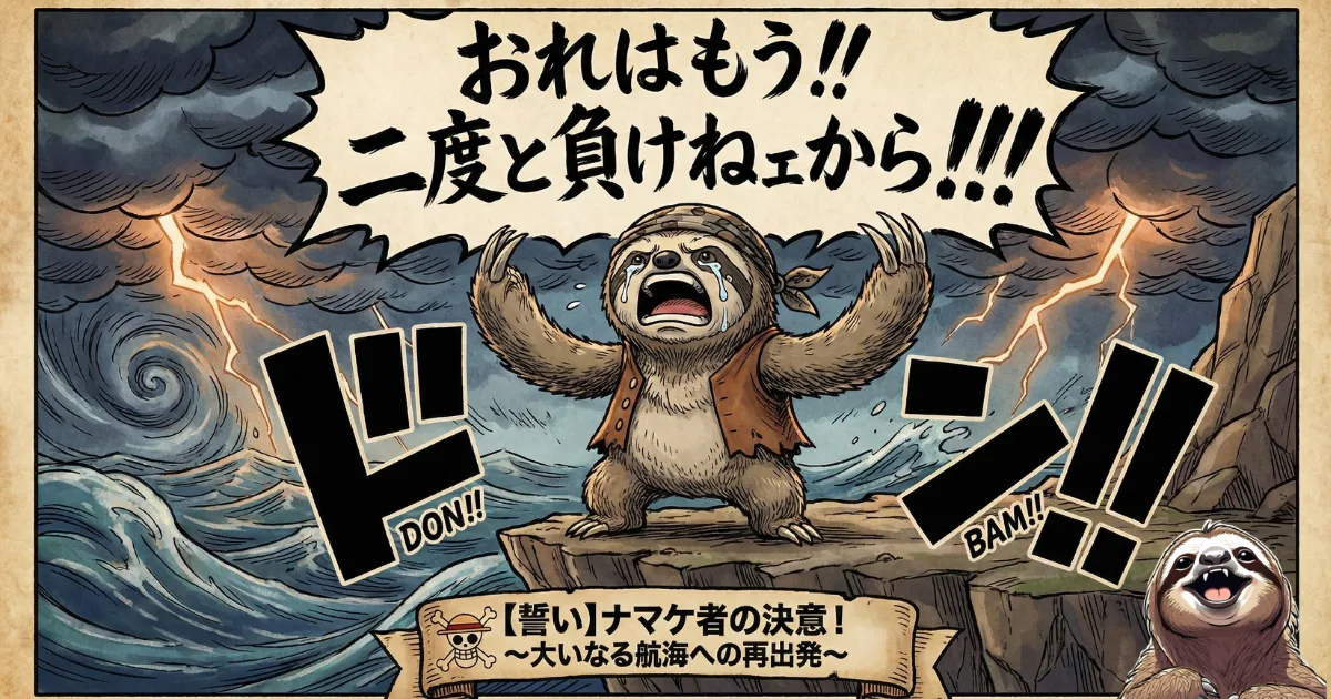 【イラスト】「おれはもう!! 二度と負けねェから!!!」：漫画『ONE PIECE』ゾロの名言を叫ぶナマケモノ。メンタルの弱さや過去の失敗（敗北）を受け入れ、二度と自分に負けないと誓う「決意」と「再出発」を描いた心理学記事のアイキャッチ