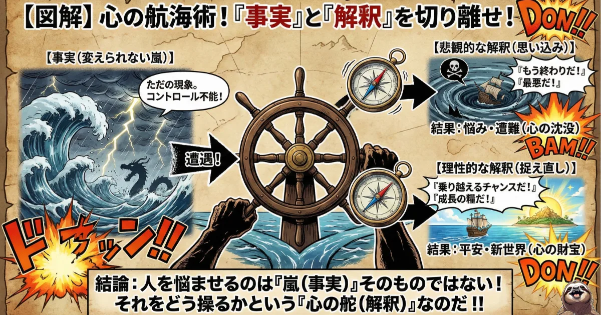 【図解】ストア派哲学「事実」と「解釈」の分離：悩み（遭難）の原因は「変えられない嵐（事実）」ではなく、「悲観的な思い込み（解釈）」にあるという教え。心の舵を「理性的な捉え直し（リフレーミング）」に切ることで、メンタルの安定（新世界）に到達する心理学メカニズム