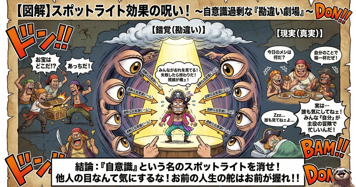 【図解】スポットライト効果の呪いと自意識過剰：自分だけが注目されていると感じる「錯覚（スポットライト効果）」と、実際には他人は自分のことで忙しく誰も気にしていない「現実」を対比させたイラスト。他人の目が気になる心理の正体