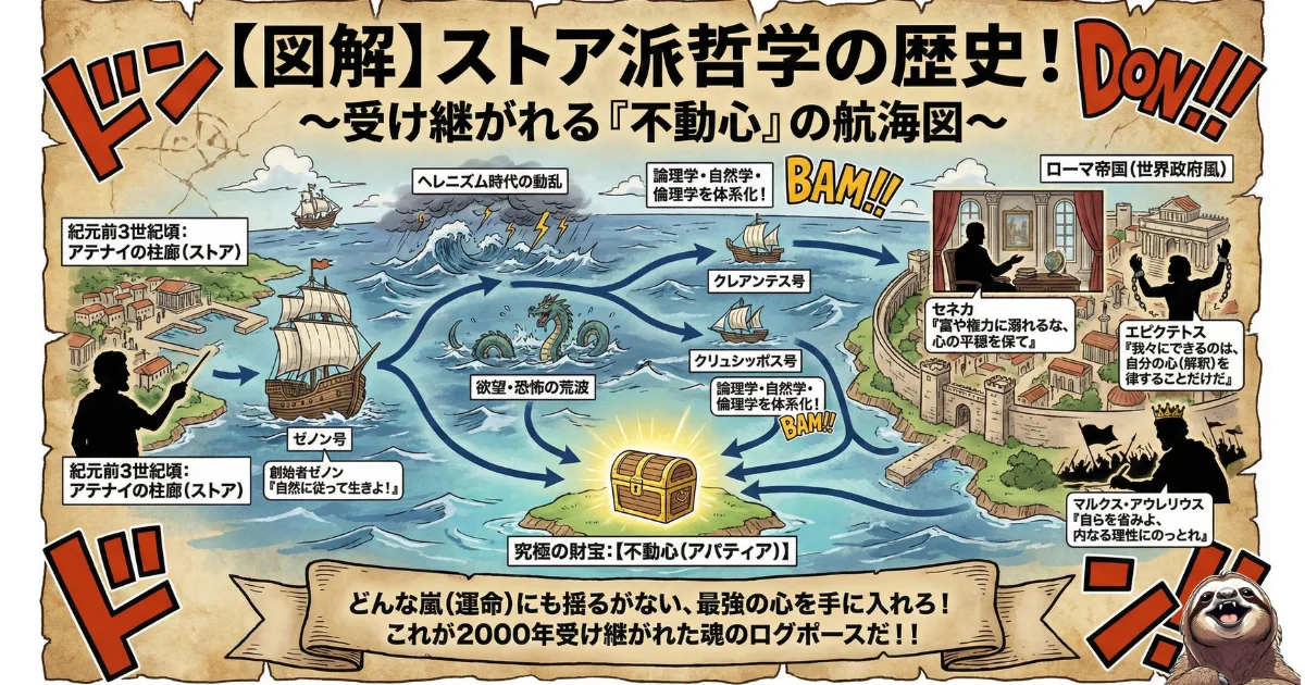 【図解】ストア派哲学の歴史と「不動心」の系譜：創始者ゼノンから、論理を体系化したクリュシッポス、そしてローマ帝国のセネカ、エピクテトス、マルクス・アウレリウスへと受け継がれる「動じない心（アパティア）」の教えを、航海図として描いた年表イラスト